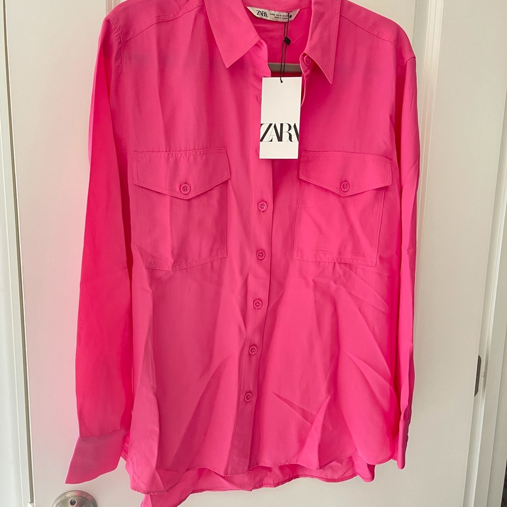 NEW Zara Pink Flowy Shirt with Pockets L